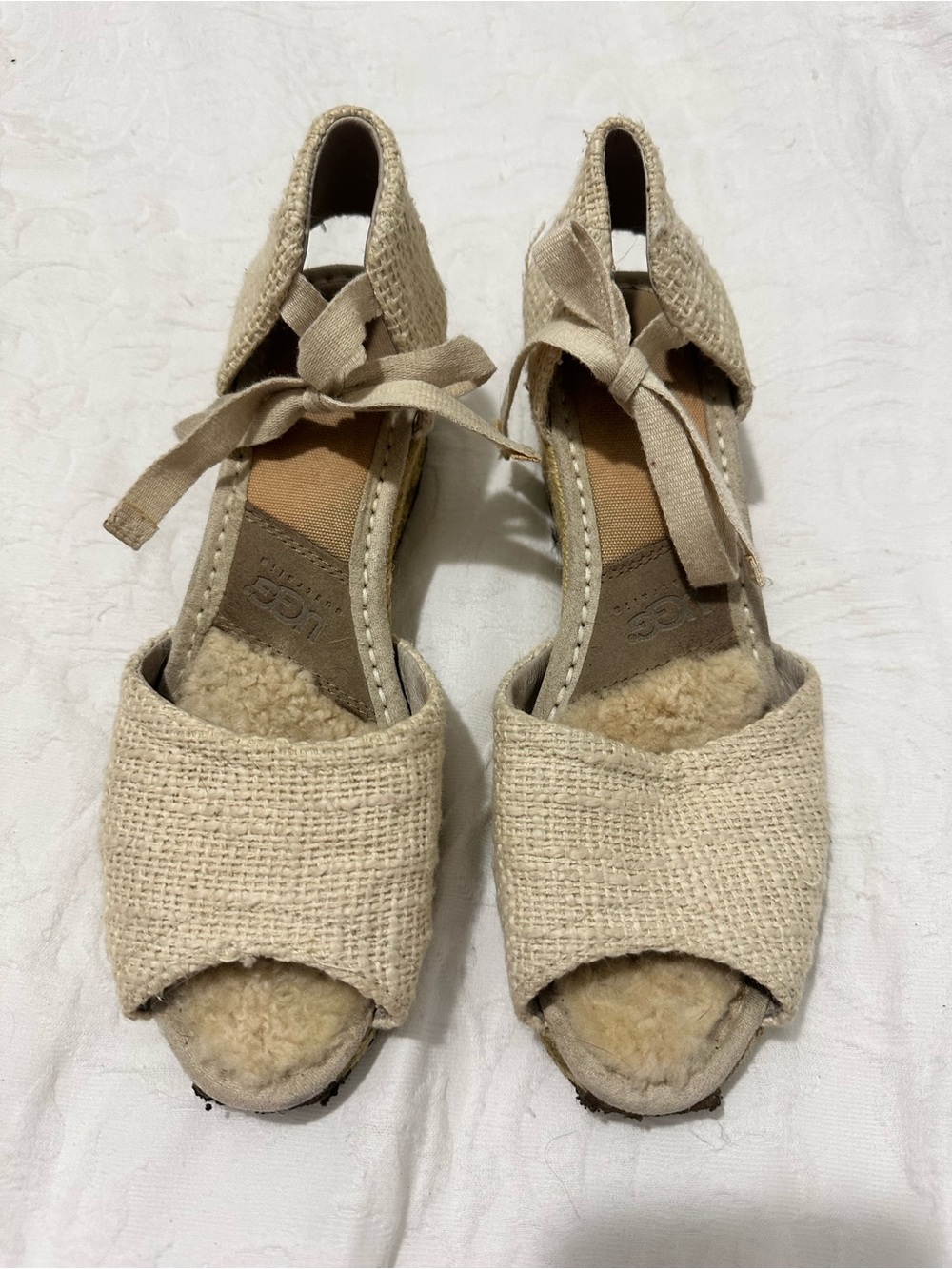 UGG Natural Beige Espadrille Wedge Sandals with Shearling Footbed